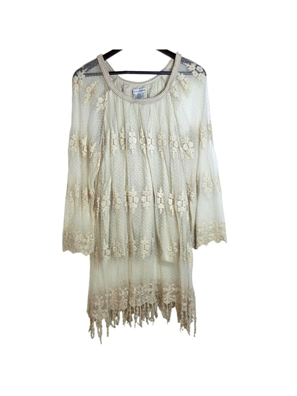 Contrast Cream Floral Embroidery Lace Long Sleeve Boho Cowgirl Mini Dress Medium